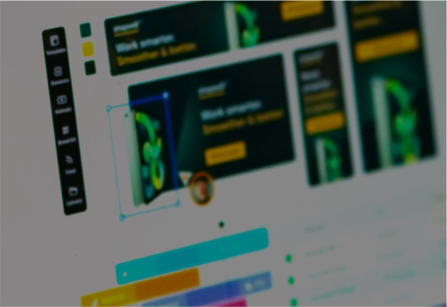 A design tool showing one ad creative laid out into many different banner sizes, with a size rail down the left and format chips along the bottom